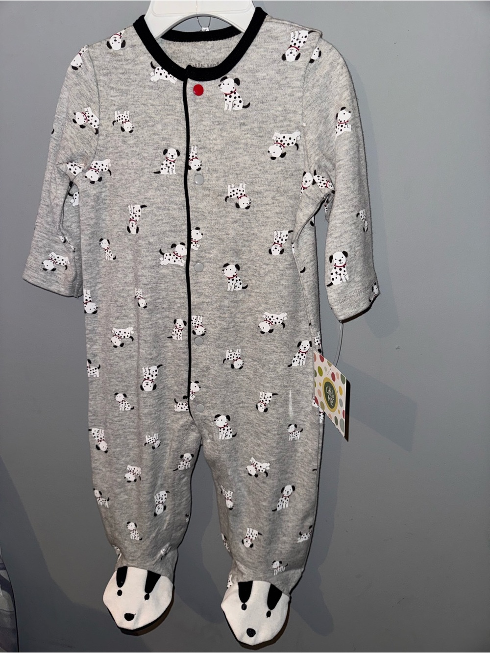 Little Me Grey Dalmatian Print Footed One-Piece with Black Trim